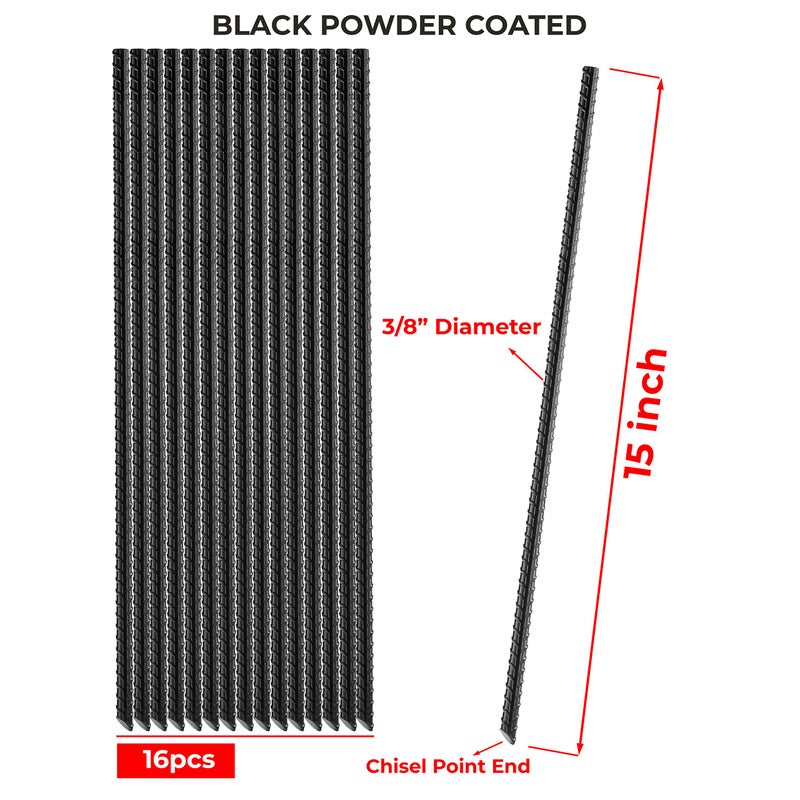 NHZ 15â€ Ground Rebar Stakes (16pcs) Heavy Duty Hook Ground Anchors, Steel Plant Support Garden Stake with Chisel Point end, Hammer Through Hard Soil for Camping Tent - Black Powder Coated (16) - Image 2